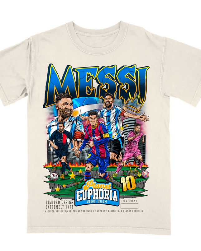 Lionel Messi Argentina World Cup soccer superstar graphic t-shirt by Planet Euphoria in off-white, front view.
