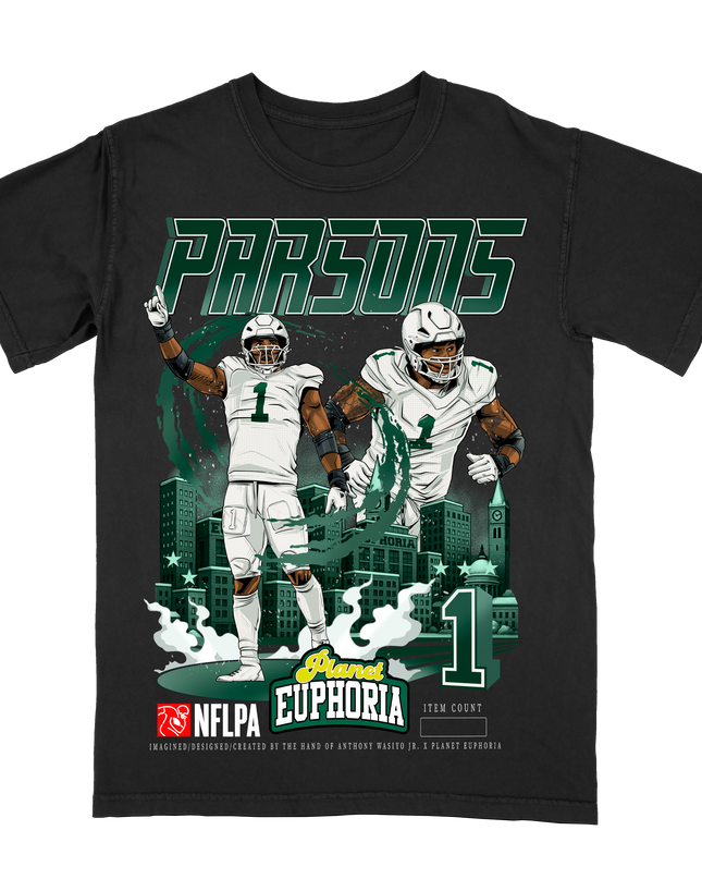 Micah Parsons Green Bay NFL graphic t-shirt by Planet Euphoria in black, front view.