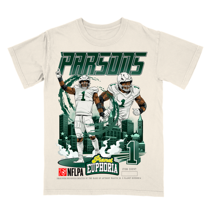 Micah Parsons Green Bay #1 NFL graphic t-shirt by Planet Euphoria in off-white, front view.
