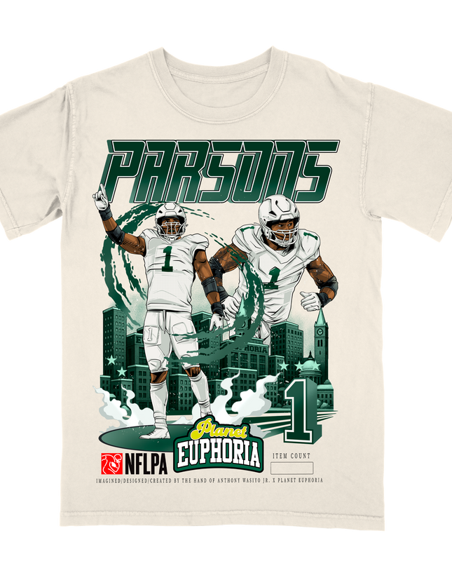 Micah Parsons Green Bay #1 NFL graphic t-shirt by Planet Euphoria in off-white, front view.