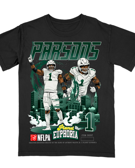 Micah Parsons Green Bay NFL graphic t-shirt V3 by Planet Euphoria in black, front view.