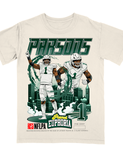 Micah Parsons Green Bay NFL graphic t-shirt V3 by Planet Euphoria in off-white, front view.