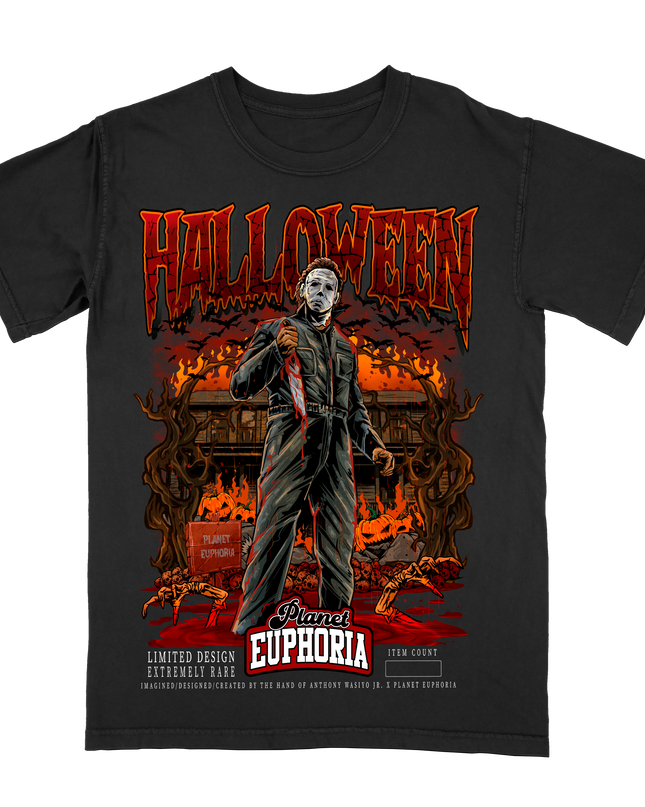 Michael Myers Halloween graphic tee by Planet Euphoria in black, front view.