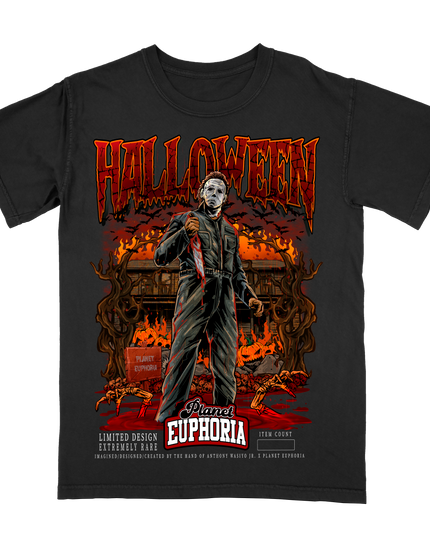 Michael Myers Halloween graphic tee by Planet Euphoria in black, front view.