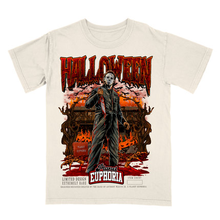 Michael Myers Halloween graphic tee by Planet Euphoria in off-white, front view.