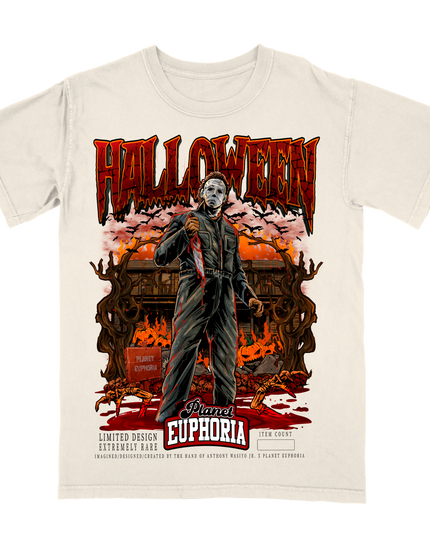 Michael Myers Halloween graphic tee by Planet Euphoria in off-white, front view.