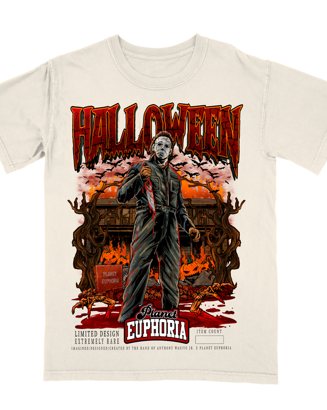 Michael Myers Halloween graphic tee by Planet Euphoria in off-white, front view.