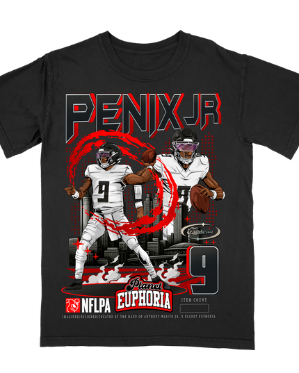 Michael Penix Jr Atlanta NFL player graphic tee by Planet Euphoria in black, front view.