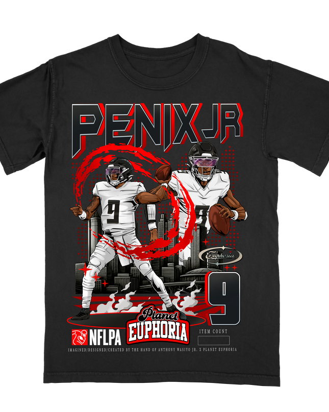 Michael Penix Jr Atlanta NFL player graphic tee by Planet Euphoria in black, front view.