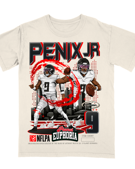 Michael Penix Jr Atlanta NFL player graphic tee by Planet Euphoria in off-white, front view.