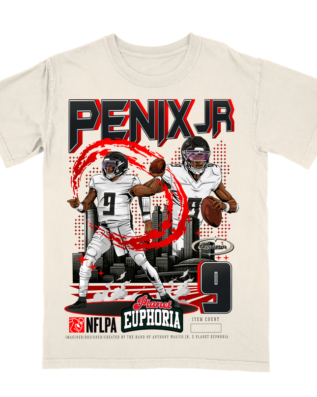 Michael Penix Jr Atlanta NFL player graphic tee by Planet Euphoria in off-white, front view.