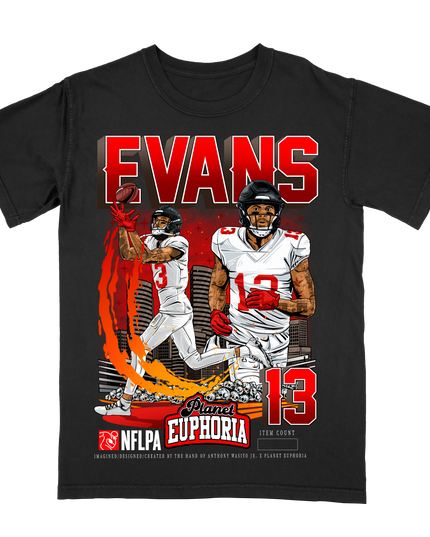 Mike Evans Tampa Bay NFL Player graphic tee V2 by Planet Euphoria in black, front view.