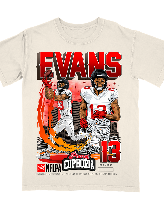 Mike Evans Tampa Bay NFL Player graphic tee V2 by Planet Euphoria in off-white, front view.