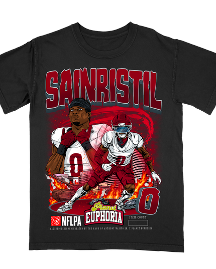 Mike Sainristil #0 Washington football NFLPA graphic tee by Planet Euphoria in black, front view.