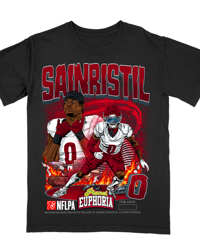 Mike Sainristil #0 Washington football NFLPA graphic tee by Planet Euphoria in black, front view.