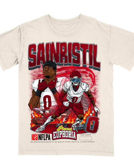 Mike Sainristil Washington Commanders football player graphic tee by planet Euphoria in off-white, front view.