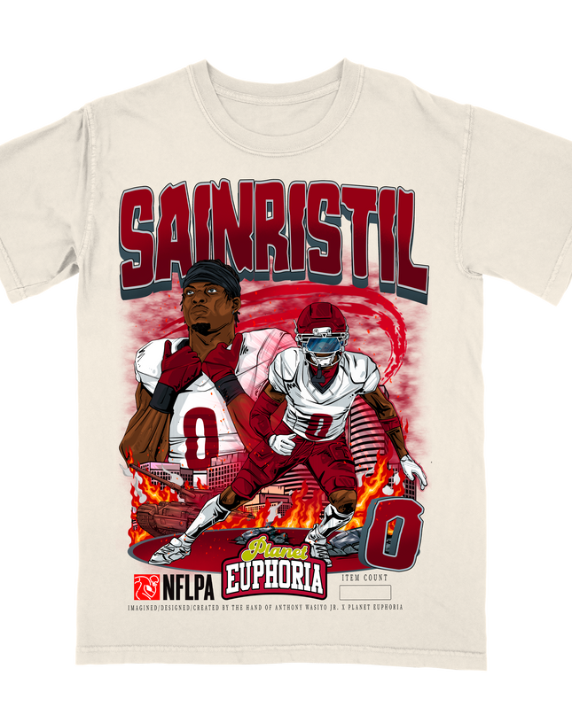 Mike Sainristil Washington Commanders football player graphic tee by planet Euphoria in off-white, front view.