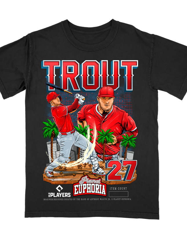 Mike Trout Anaheim graphic tee by Planet Euphoria in black, front view.