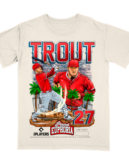 Mike Trout Anaheim MLBPA graphic tee by Planet Euphoria in off-white, front view.