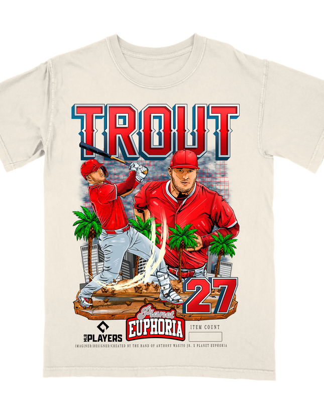 Mike Trout Anaheim MLBPA graphic tee by Planet Euphoria in off-white, front view.