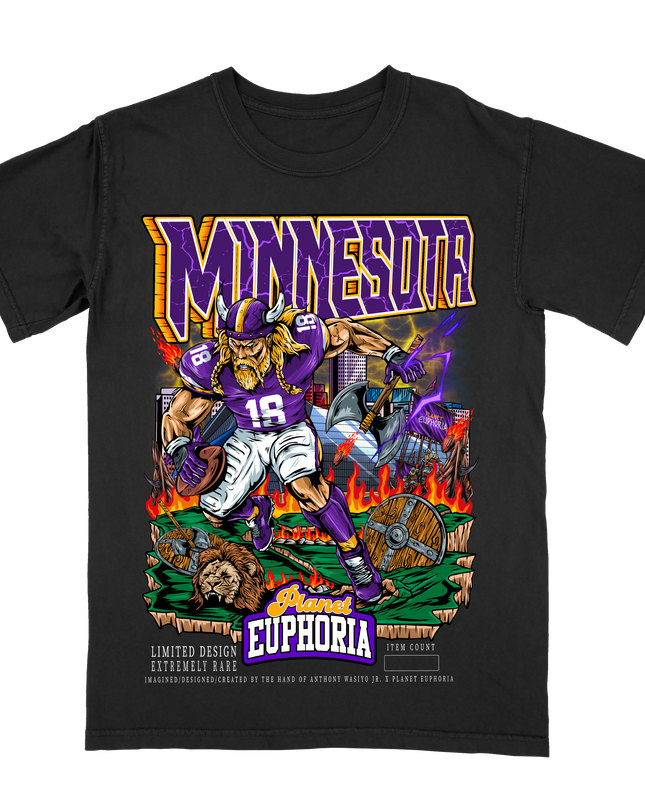 Minnesota Vikings graphic T-shirt with menacing Viking and chaotic background made by Planet Euphoria in black, front view.