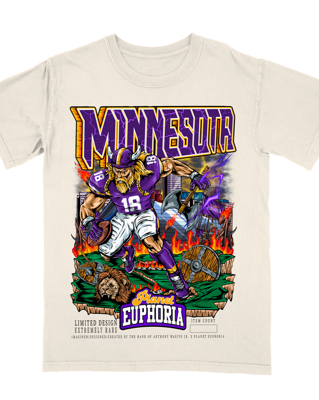 Minnesota Vikings graphic T-shirt with menacing Viking and chaotic background made by Planet Euphoria in off-white, front view.