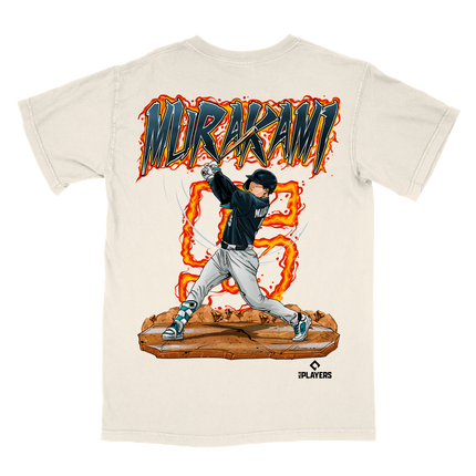 Munetaka Murakami slugging baseball graphic tee by Planet Euphoria in off-white,  back view.