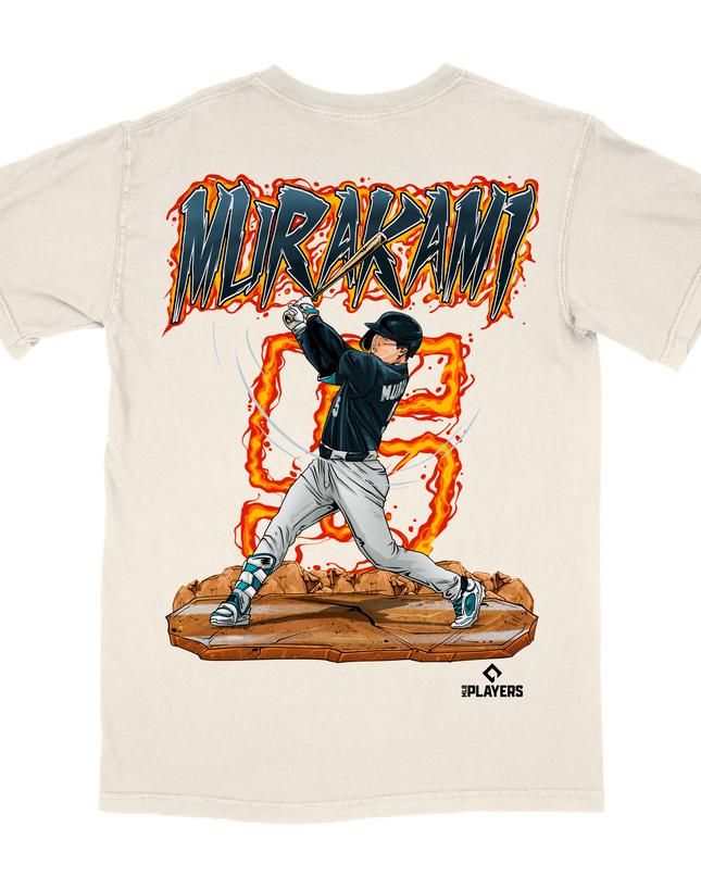 Munetaka Murakami slugging baseball graphic tee by Planet Euphoria in off-white,  back view.