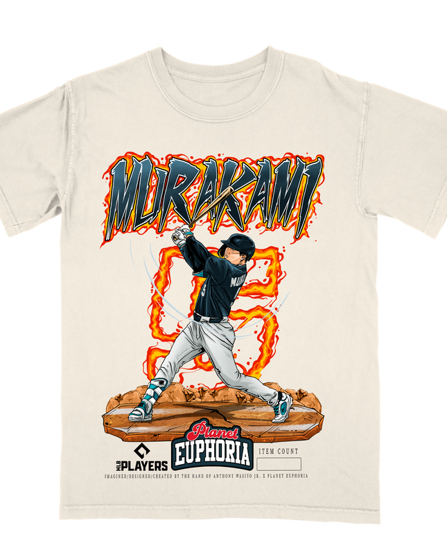 Munetaka Murakami swinging graphic tee by Planet Euphoria in off-white, front view.