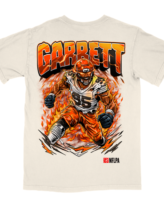 Myles Garrett Cleveland Browns graphic tee V2 by Planet Euphoria with flames theme in off-white, back view.