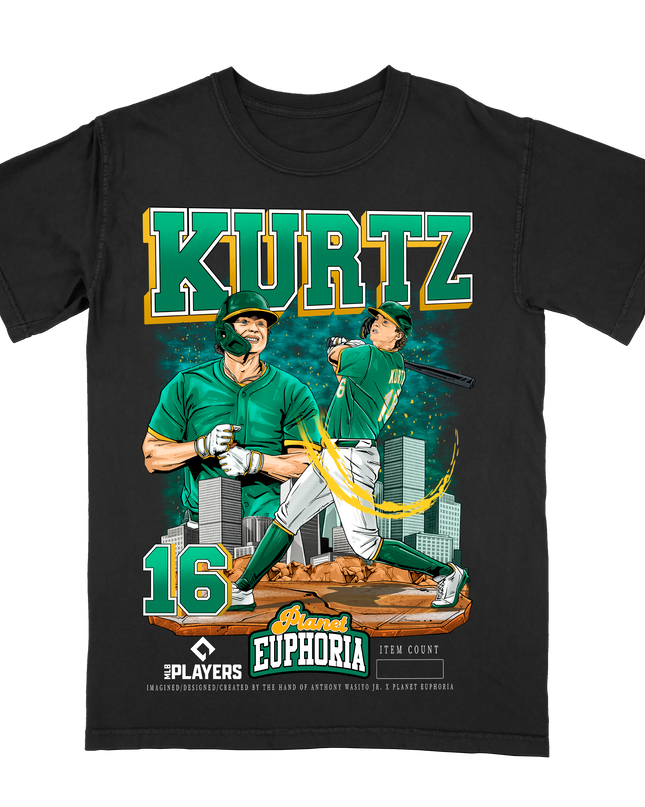 Nick Kurtz MLB Player graphic tee by Planet Euphoria in black, front view.