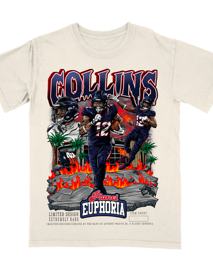 Nico Collins Houston Texans Limited Edition graphic action T-shirt by Planet Euphoria in off-white, front view.