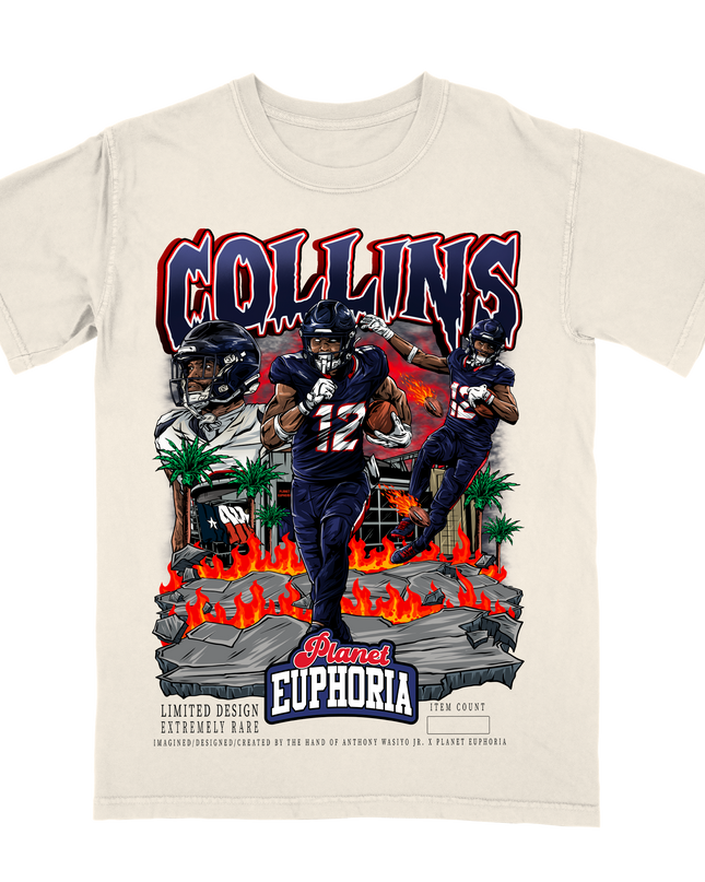 Nico Collins Houston Texans Limited Edition graphic action T-shirt by Planet Euphoria in off-white, front view.
