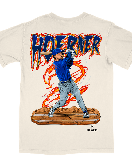 Nico Hoerner Chicago Cubs #2 graphic tee by Planet Euphoria in off-white, back view.