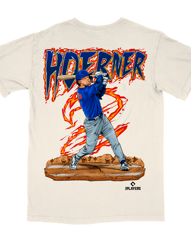 Nico Hoerner Chicago Cubs #2 graphic tee by Planet Euphoria in off-white, back view.