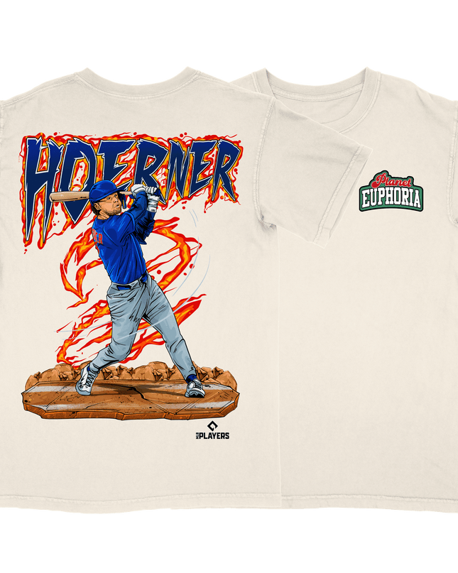 Nico Hoerner Chicago baseball graphic tee by Planet Euphoria in off-white, front and back view.