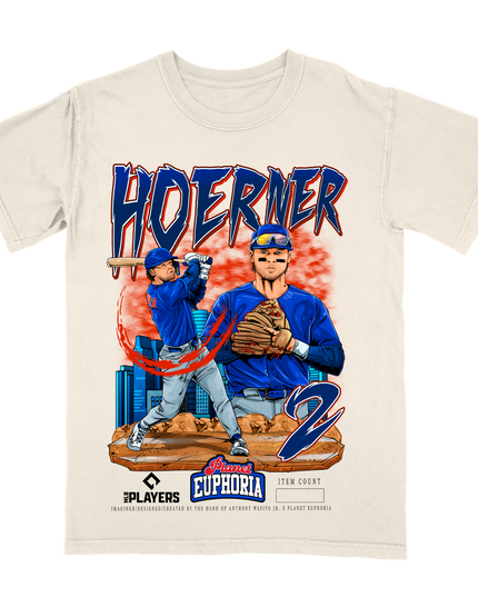 Nico Hoerner MLB player graphic tee by Planet Euphoria in off-white, front view.