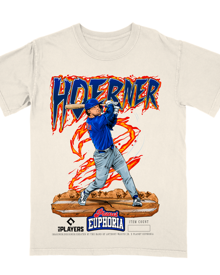 Nico Hoerner Chicago Cubs baseball graphic t-shirt by Planet Euphoria in off-white, front view.