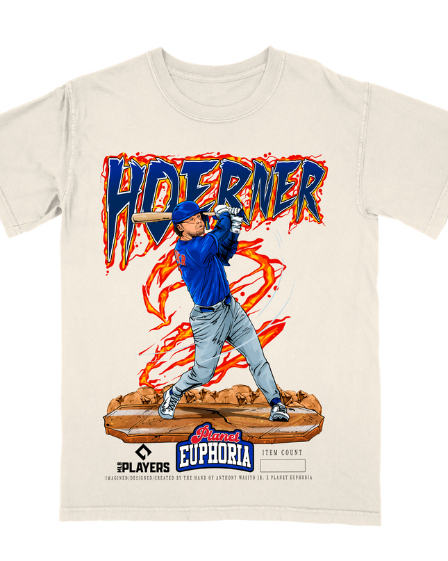 Nico Hoerner Chicago Cubs baseball graphic t-shirt by Planet Euphoria in off-white, front view.
