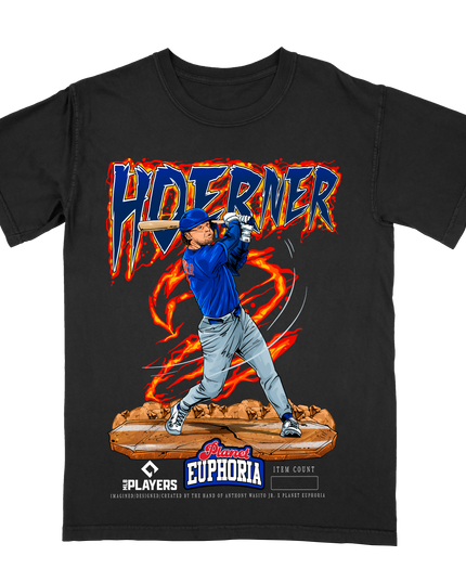 Nico Hoerner Chicago Cubs baseball graphic t-shirt by Planet Euphoria in black, front view