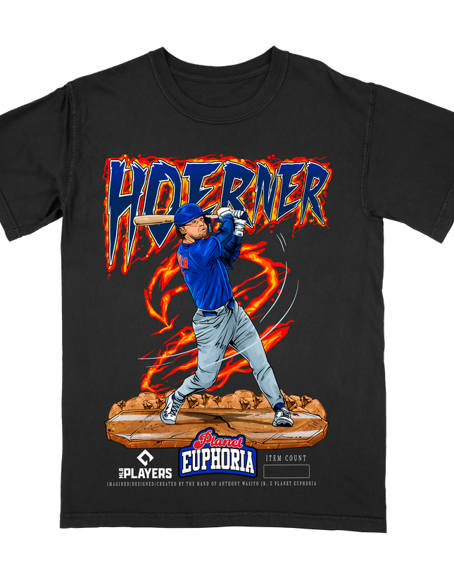 Nico Hoerner Chicago Cubs baseball graphic t-shirt by Planet Euphoria in black, front view