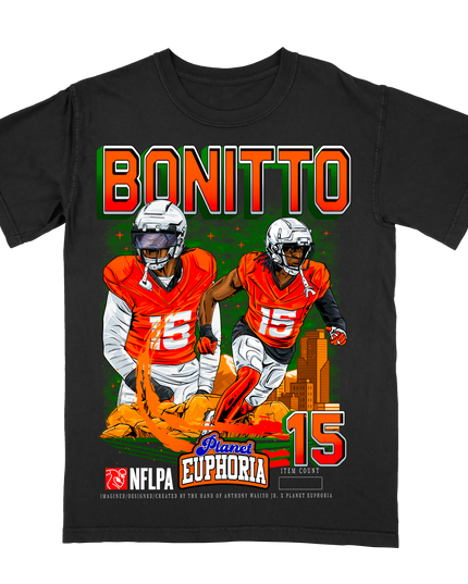 Nik Bonito Denver NFL Player graphic tee by Planet Euphoria in black, front view.