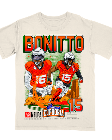 Nik Bonito Denver NFL Player graphic tee by Planet Euphoria in off-white, front view.