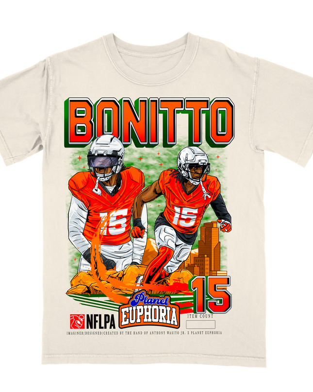 Nik Bonito Denver NFL Player graphic tee by Planet Euphoria in off-white, front view.
