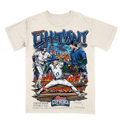 Shohei Ohtani Los Angeles Dodgers graphic t-shirt (V3) by Planet Euphoria in off-white, front view.