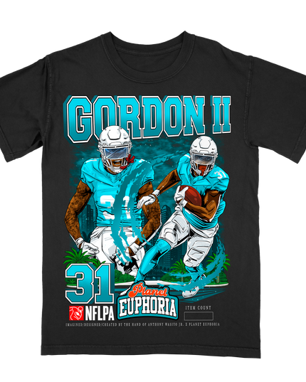 Ollie Gordon II Miami NFLPA graphic tee by Planet Euphoria in black, front view.