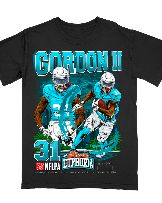 Ollie Gordon II Miami NFLPA graphic tee by Planet Euphoria in black, front view.