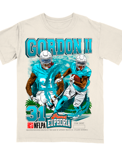 Ollie Gordon II Miami NFLPA graphic tee by Planet Euphoria in off-white, front view.