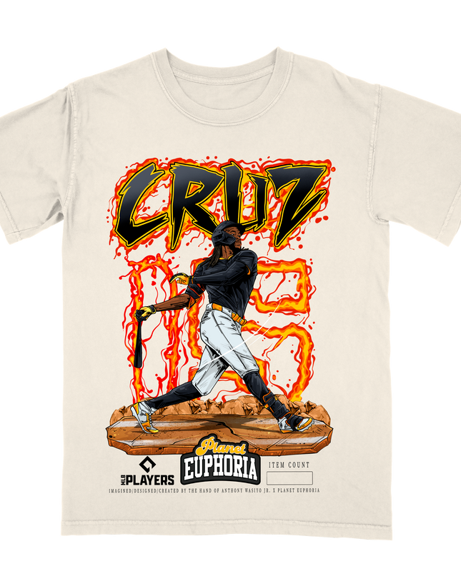 Oneil Cruz Pittsburgh #15 graphic tee by Planet Euphoria in off-white, front view.