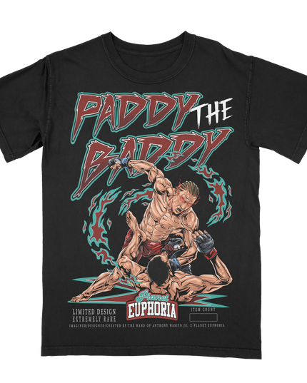 Paddy Pimblet 'Paddy The Baddy' UFC graphic tee y Planet Euphoria in black, front view.